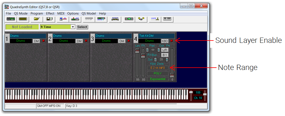 "9 Time" drum program sound layers displayed in QS Edit Pro