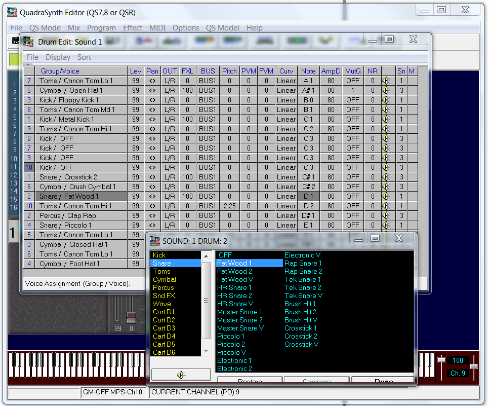 QS Edit Pro drum sound select window
