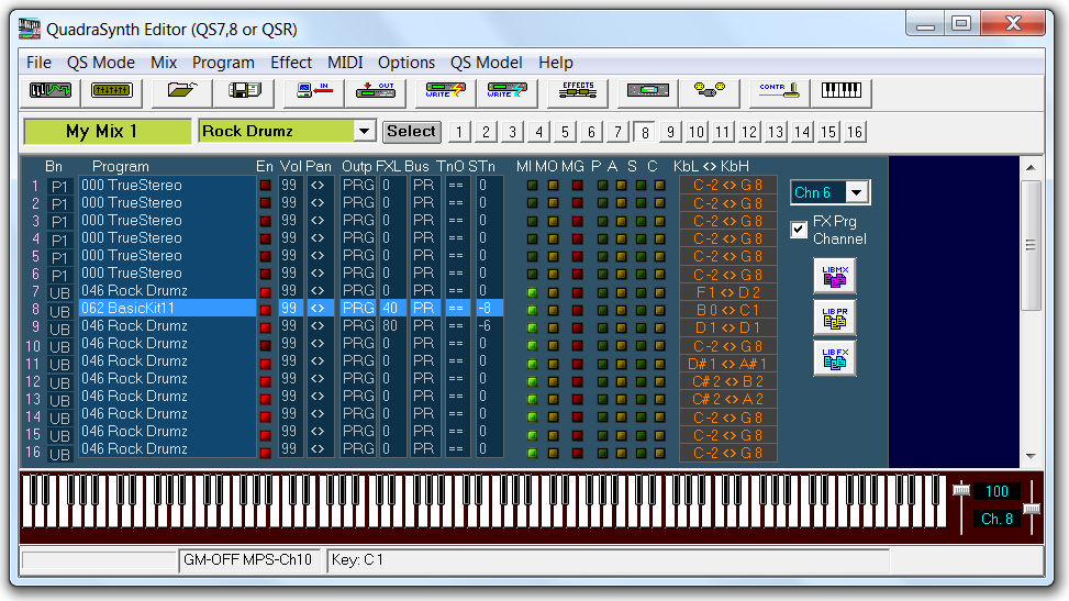 QS Edit Pro Mix Mode window, BasicKit11 kick Program settings
