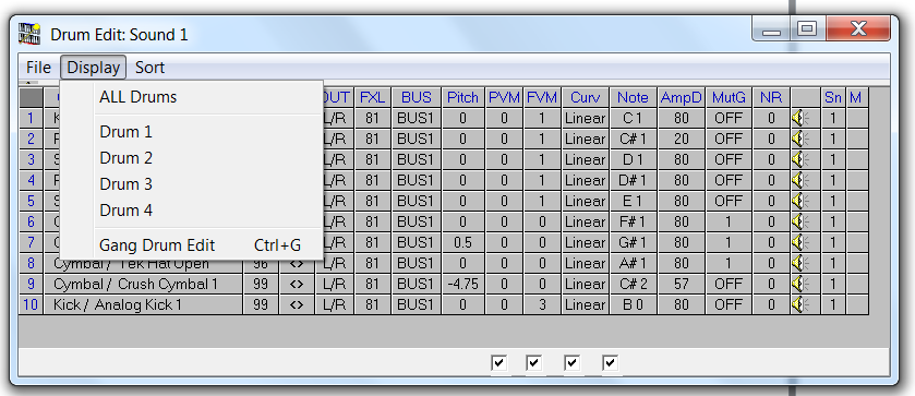 QS Edit Pro Drum Edit window, Display All Drums
