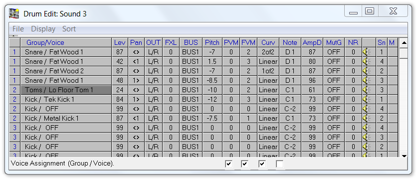 QS Edit Pro Drum Edit window, kick layers with Lo Floor Tom 2 sound