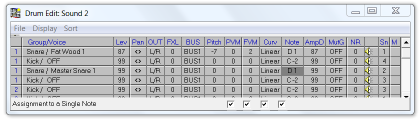 QS Edit Pro Drum Edit window, MasterSnare 1 set to note D1