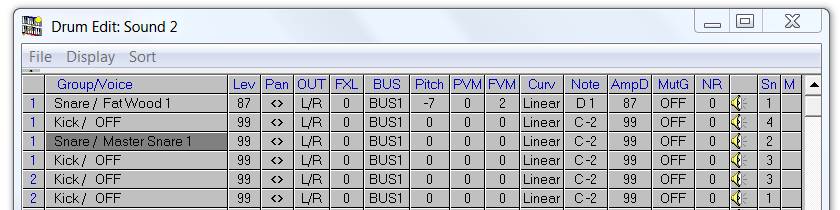 QS Edit Pro Drum Edit window, MasterSnare 1 selected