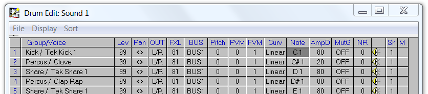Drum Edit window in QS Edit Pro with note column cell selected
