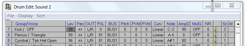 QS Edit Pro Drum Edit window, row 1 initialized