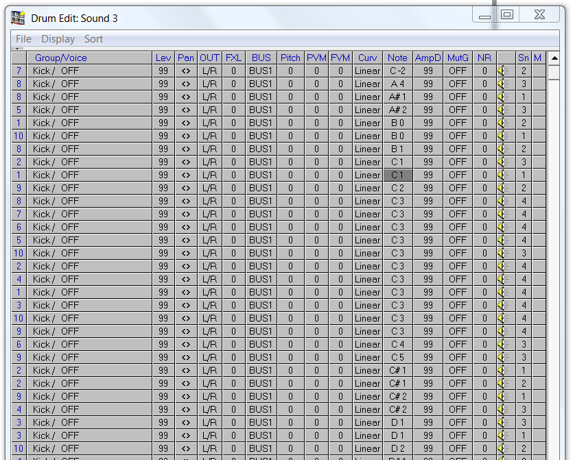QS Edit Pro Drum Edit window, row parameters initialized