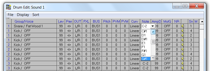 QS Edit Pro Drum Edit window, set note number