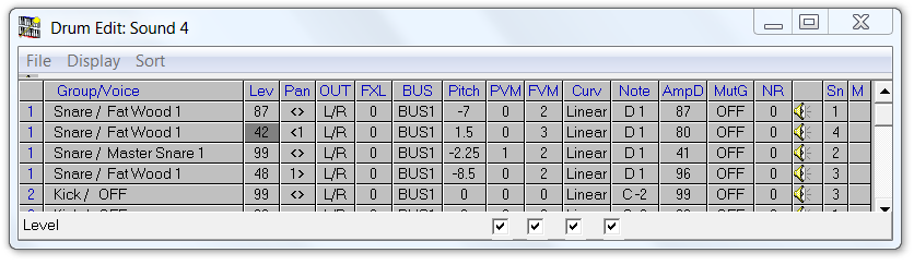 QS Edit Pro Drum Edit window, 4 snare layers shown