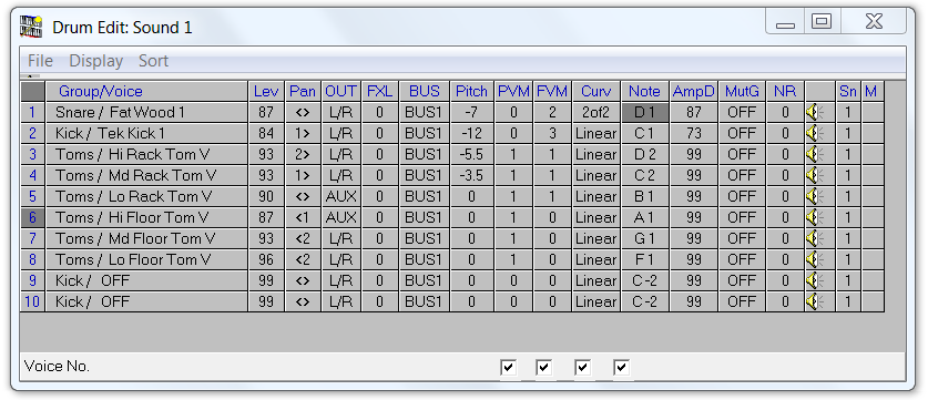 QS Edit Pro Drum Edit window, Drum 1 display with tom sounds