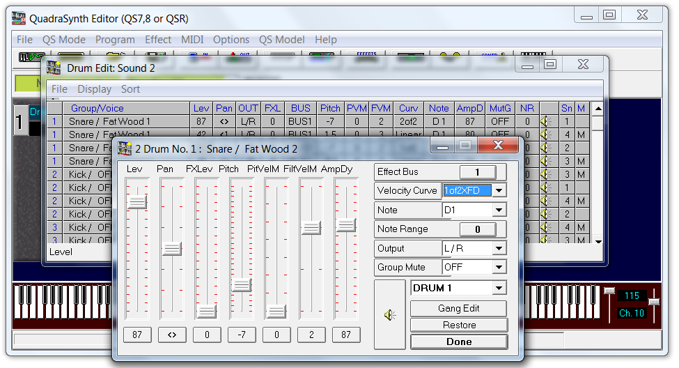QS Edit Pro Drum Edit window, FatWood 2 settings for velocity crossfading