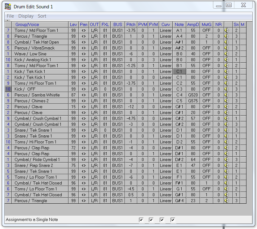 Drum Edit window in QS Edit Pro sorted by note number