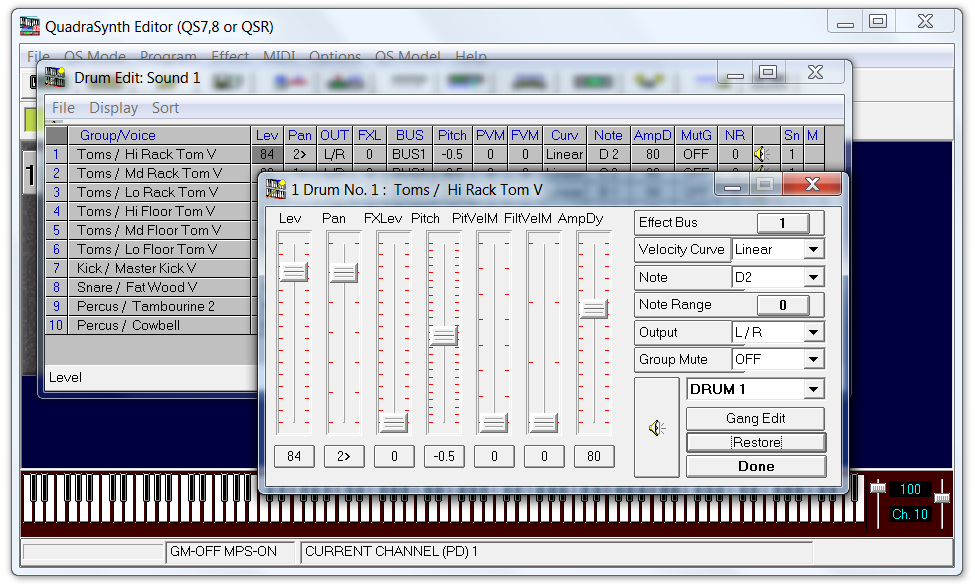 Drum 1 Edit window in QS Edit Pro