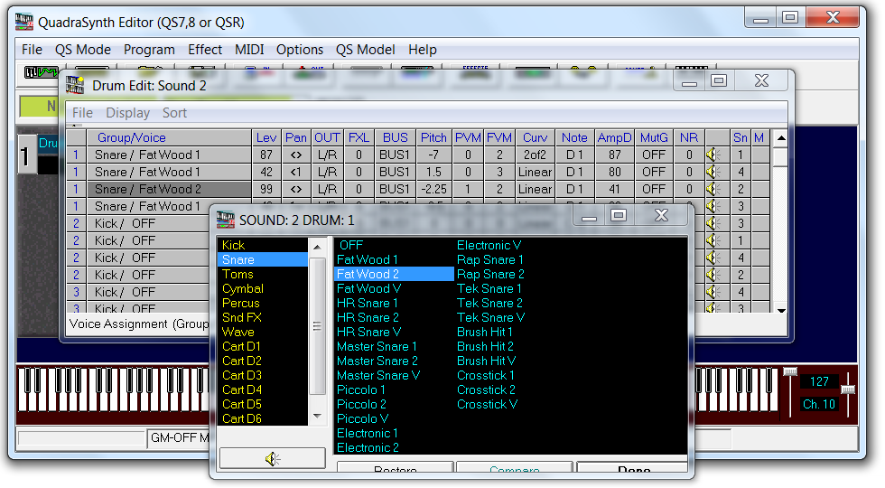 QS Edit Pro Drum Sample Select window, FatWood 2 sample selected
