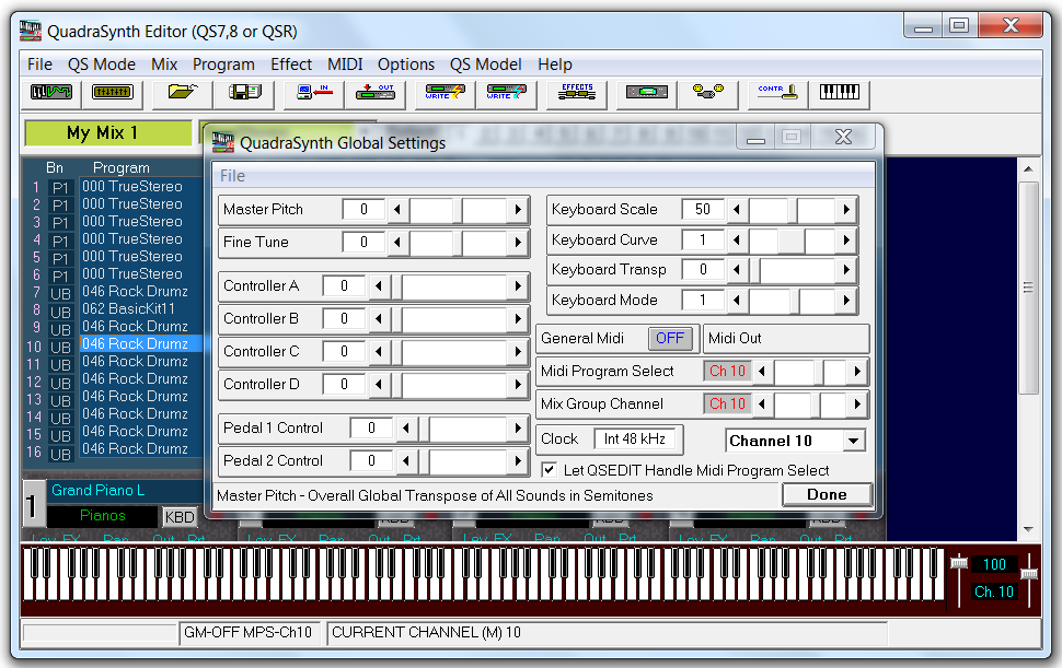 QS Edit Pro Global Settings window, Mix Group channel 10