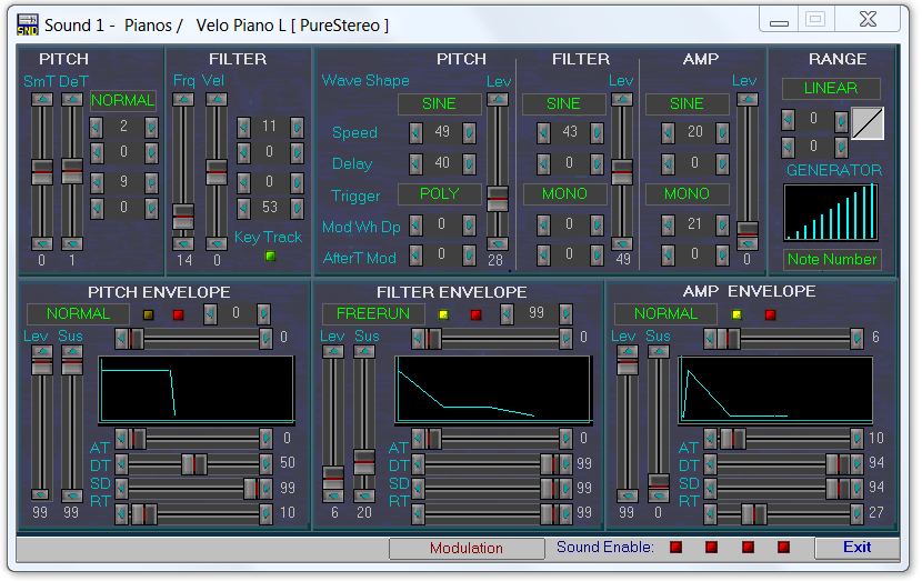 QS Edit Pro sound editor window, keyboard mode
