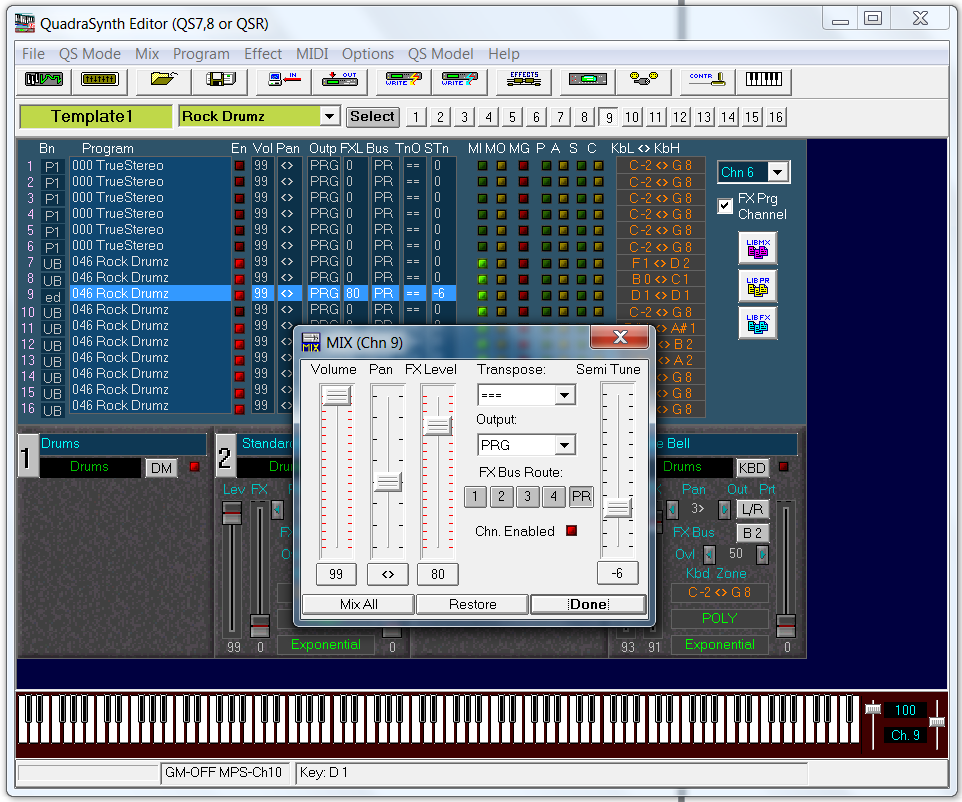 QS Edit Pro Mix Editor with snare drum parameter settings