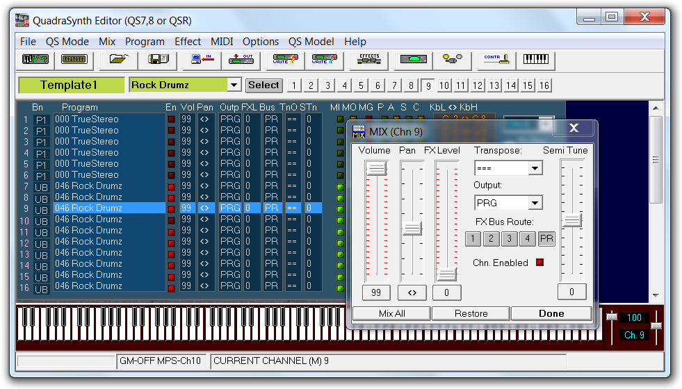 QS Edit Pro Mix Editor window, default template settings