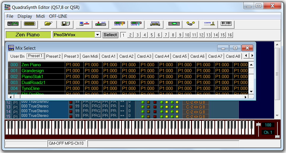 QS Edit Pro Mix Select window, Preset1 contents