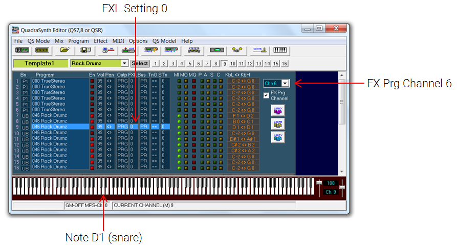 QS Edit Pro Mix Mode window, testing snare effects dry
