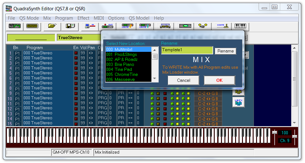QS Edit Pro Write Mix window with "Template1" name change