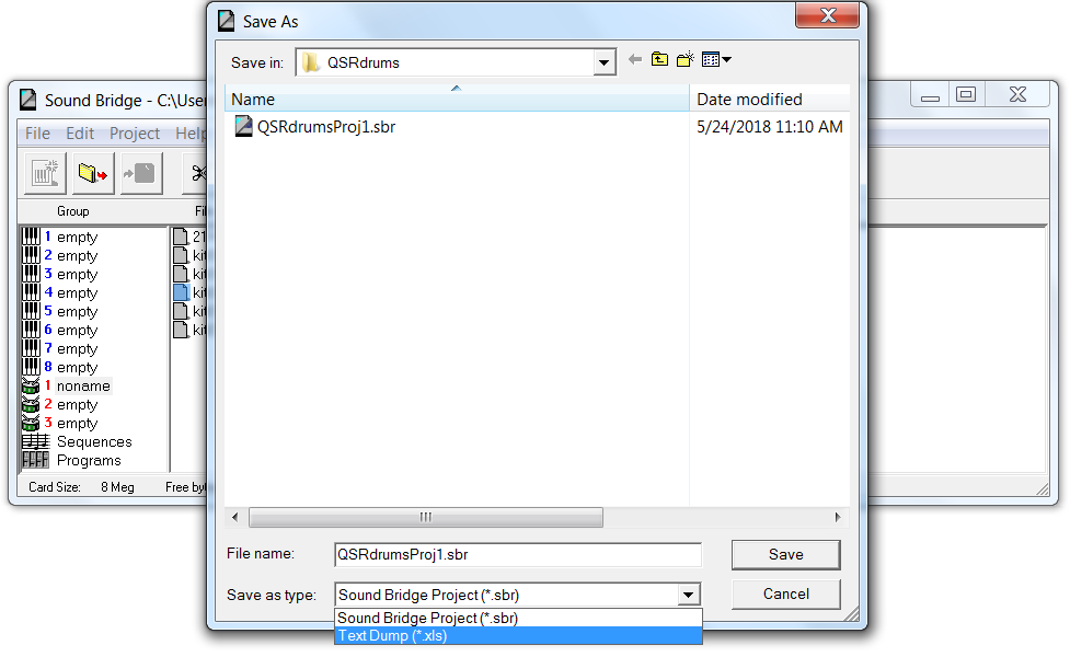Sound Bridge Save As window, change type to Text Dump